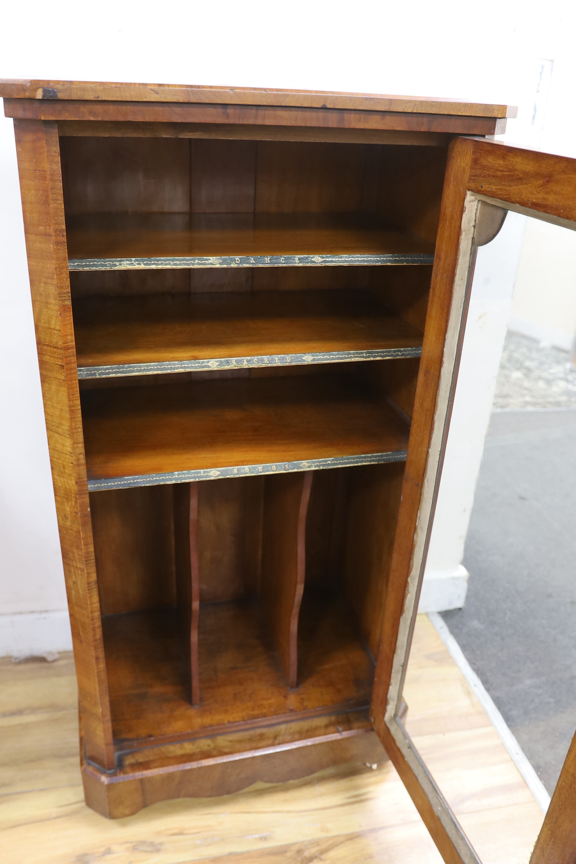 A Victorian banded burr walnut music cabinet, width 54cm, depth 38cm, height 104cm